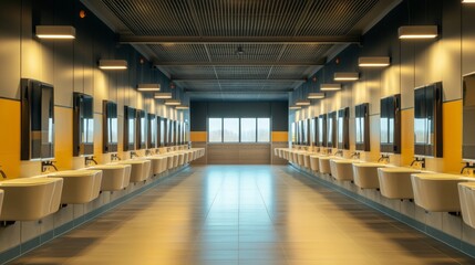 Obraz premium Modern Public Washroom Interior with Rows of Sinks and Mirrors