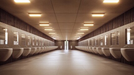 Fototapeta premium Long Row of Sinks in a Modern Bathroom with Wooden Walls