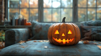 A glowing jack-o'-lantern sits on a couch with fall leaves scattered around it. The window behind is blurred with autumn colors.