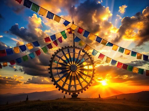 Silhouette of Dharma Wheel Surrounded by Colorful Buddhist Flags at Sunset