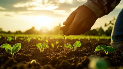 Fototapeta premium Vibrant Farmer Sowing Seeds in No-Till Field at Sunset