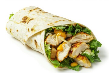 Freshly prepared crispy chicken wrap filled with tender chicken, crisp lettuce, melted mozzarella cheese, and drizzled with yellow honey sauce, wrapped in a warm tortilla. MZ