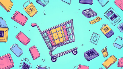 Colorful Cartoon Style Shopping Cart with Gadgets