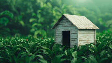 Rustic Chicken Coop Surrounded by Lush Green Plants