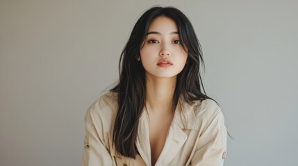 Obraz premium Young woman with long black hair wearing a beige jacket, looking directly at the camera