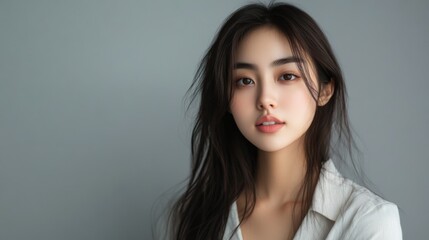 Fototapeta premium Close-up Portrait of a Young Woman with Long Black Hair