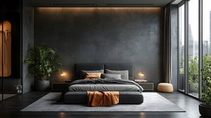 Modern Bedroom Interior Design with Grey Walls and Black Furniture