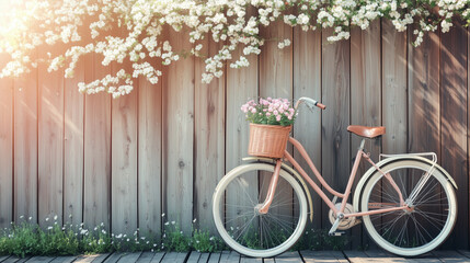 Pink bicycle against wooden fence with flowers in basket for background