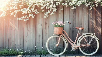 Fotobehang Pink bicycle against wooden fence with flowers in basket for background © joybackground96