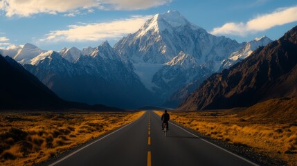 Traveler on Road with Towering Mountain Scenery