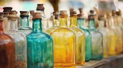 A collection of vintage color bottles, showcasing a variety of shapes and sizes in warm, muted tones such as amber, green, and blue. These classic glass bottles exude a nostalgic charm,