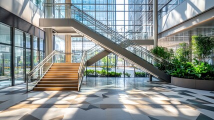 Obraz premium Modern Office Building Interior with Glass Walls and Escalator