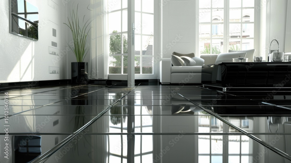 Sticker Modern Living Room with Glossy Black Floors