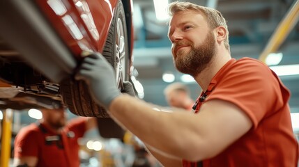 In a bustling automotive shop, a skilled mechanic refines repair techniques on a vehicle, illustrating a blend of aptitude, diligence, and automotive expertise.