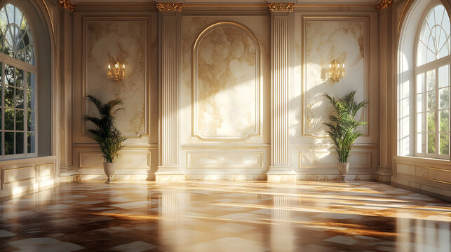 Elegant Room with Arched Windows and Gold Trim 3D Illustration