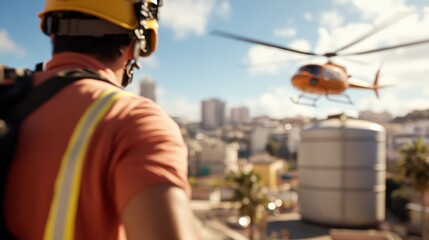 Obraz premium A construction worker is watching an orange helicopter fly over a developed cityscape, with buildings and palm trees in the background and a cool blue sky.