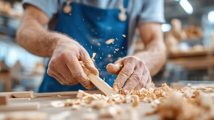 A focused craftsman in a workshop expertly chisels a wooden piece, surrounded by numerous wood chips flying around, symbolizing precision and creativity.