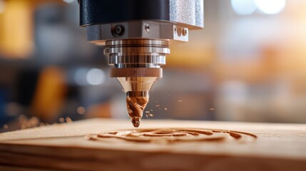 This image captures a CNC machine precisely carving an intricate pattern into a wooden surface, showcasing the precision and artistry of modern woodworking technology.