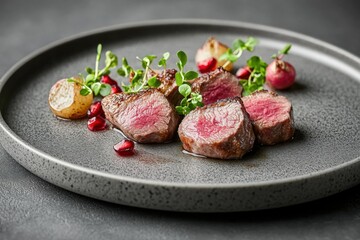 Delicious Seared Lamb Medallions with Pomegranate, Herbs, and Roasted Onions, Gourmet Food Photography, Fine Dining, Plate Presentation, Culinary Art, Food Styling, Restaurant Menu