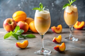 Fototapeta premium Peach smoothies with mint on rustic wooden table