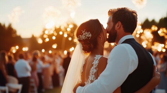 The bride and groom embrace in a romantic dance at an outdoor wedding reception illuminated by warm lights, with a sunset backdrop creating a magical ambiance. - Powered by Adobe
