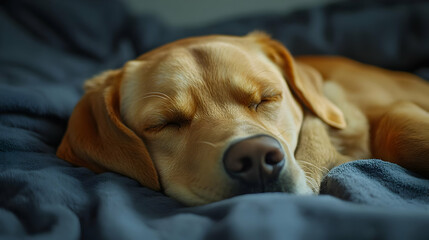 Close Up of a Sleeping Dog's Face on a Blue Blanket