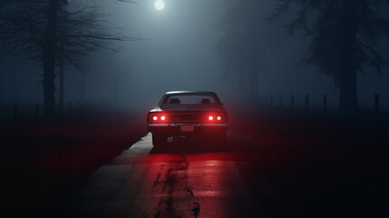 an old car on a deserted road, illuminated by its red taillights in a dark, foggy night, halloween, 