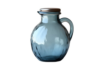 a blue glass jug with a silver top

