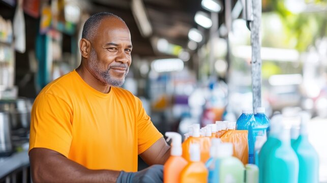 A cheerful vendor in an orange shirt is selling a selection of colorful bottled goods at an outdoor market stand. His friendly demeanor welcomes potential customers.