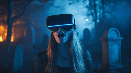 Technology in virtual reality entertainment,woman wearing virtual reality headset with simulate scary situations with ghosts and graves background.