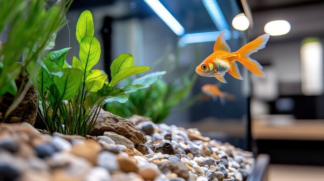 A vibrant aquarium scene showcasing a goldfish swimming among lush green aquatic plants, emphasizing harmony and life, representing curiosity and relaxation, creating an immersive experience.