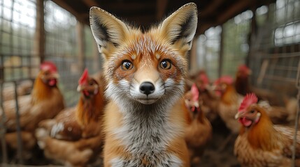 Fototapeta premium A red fox stares intently at the camera, surrounded by chickens in a coop.
