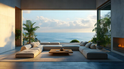 Fototapeta premium Modern Living Room with Ocean View 3D Illustration