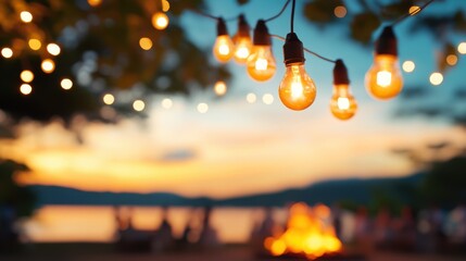 Featuring a lively outdoor evening celebration with glowing light bulbs strung across the scene, set against a stunning setting sun and silhouettes of partygoers.