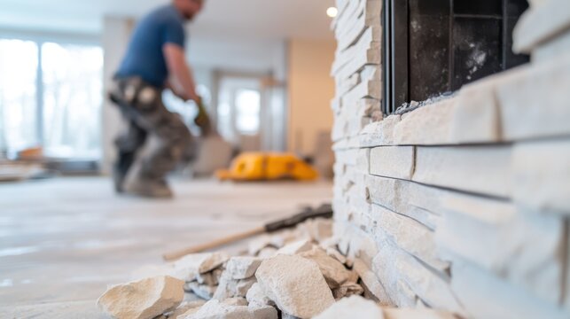 A renovation scene highlighting stonework for a fireplace, with workers visible. The image represents construction expertise and the transformation of home spaces.