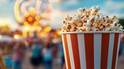 A striped bucket overflows with popcorn while a vibrant carnival buzzes in the background, alive with warm lights and blurred motion of people.