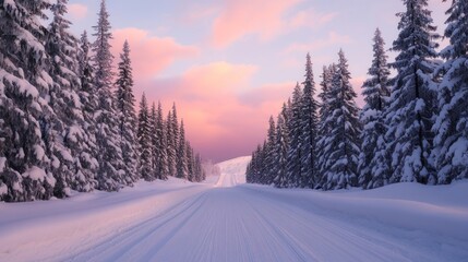 Obraz premium Snowy Forest Path at Sunrise