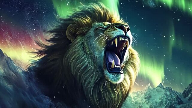 Lion roaring under northern lights in snowy mountains, wildlife fantasy art concept