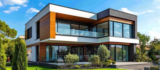 Modern two-story house with large windows, wooden accents, and a balcony overlooking a green lawn.