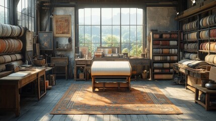 Cozy workshop filled with textiles and natural light.