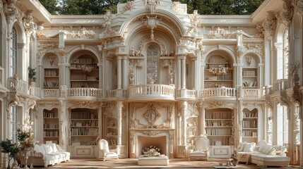 Fototapeta premium Elegant library with ornate design and cozy seating areas.