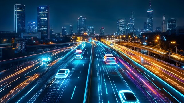 A sleek, futuristic city with roads made of dynamic, holographic surfaces that change colors as vehicles pass, highlighting the forward-thinking approach to creativity and technological advancement. 