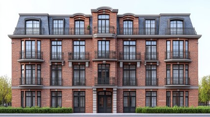 3D model of a classic brick apartment building, viewed from a street-level angle to highlight its architectural details, set against a white background. The color tone is warm reds and browns, 