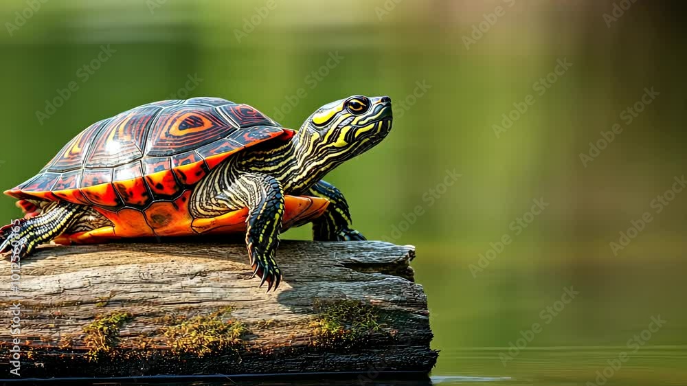 Poster colorful turtle basking on a log in a serene pond, nature photography concept