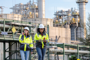 Female Engineers Conducting Inspection at Industrial Plant, Wearing Safety Gear and Discussing...