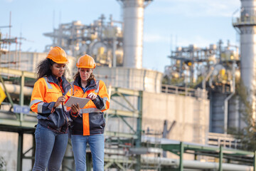 Engineers Inspecting Operations at a Water Pumping Station with Large Pipes and Industrial Towers