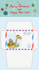 A postal envelope for Santa Claus a symbol of the new year a snake wraps around a gingerbread man