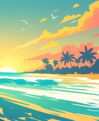 Obraz premium Beach Wave Artwork: Summer Vector Graphic Design for Apparel, Stickers, Posters, and Surfing Club Themes in Miami Beach Paradise