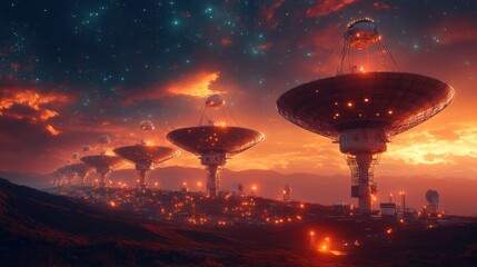 Futuristic array of satellite dishes under a vibrant cosmic sky.