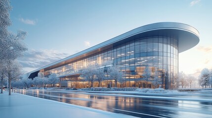 Fototapeta premium 3D model of a large convention center, positioned at a high angle to showcase its layout and surroundings, against a white background. The color tone includes cool grays and blues, using a wide 
